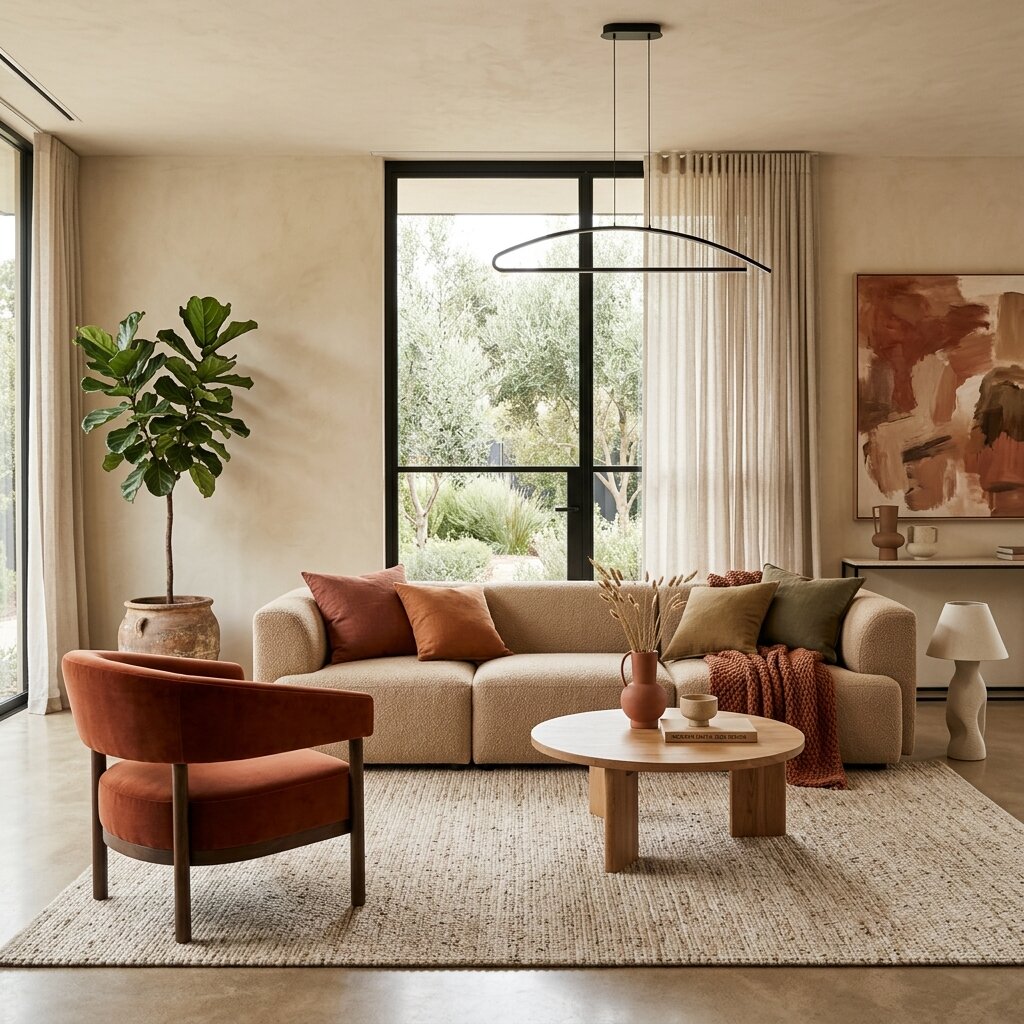 Sala de estar con paleta de colores terrosos 2026: terracota, beige y verde oliva en tapizados y cortinas