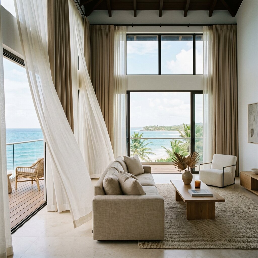 Combinación de visillo translúcido y cortina blackout en una villa de lujo en Cap Cana, creando el equilibrio perfecto entre luz y privacidad