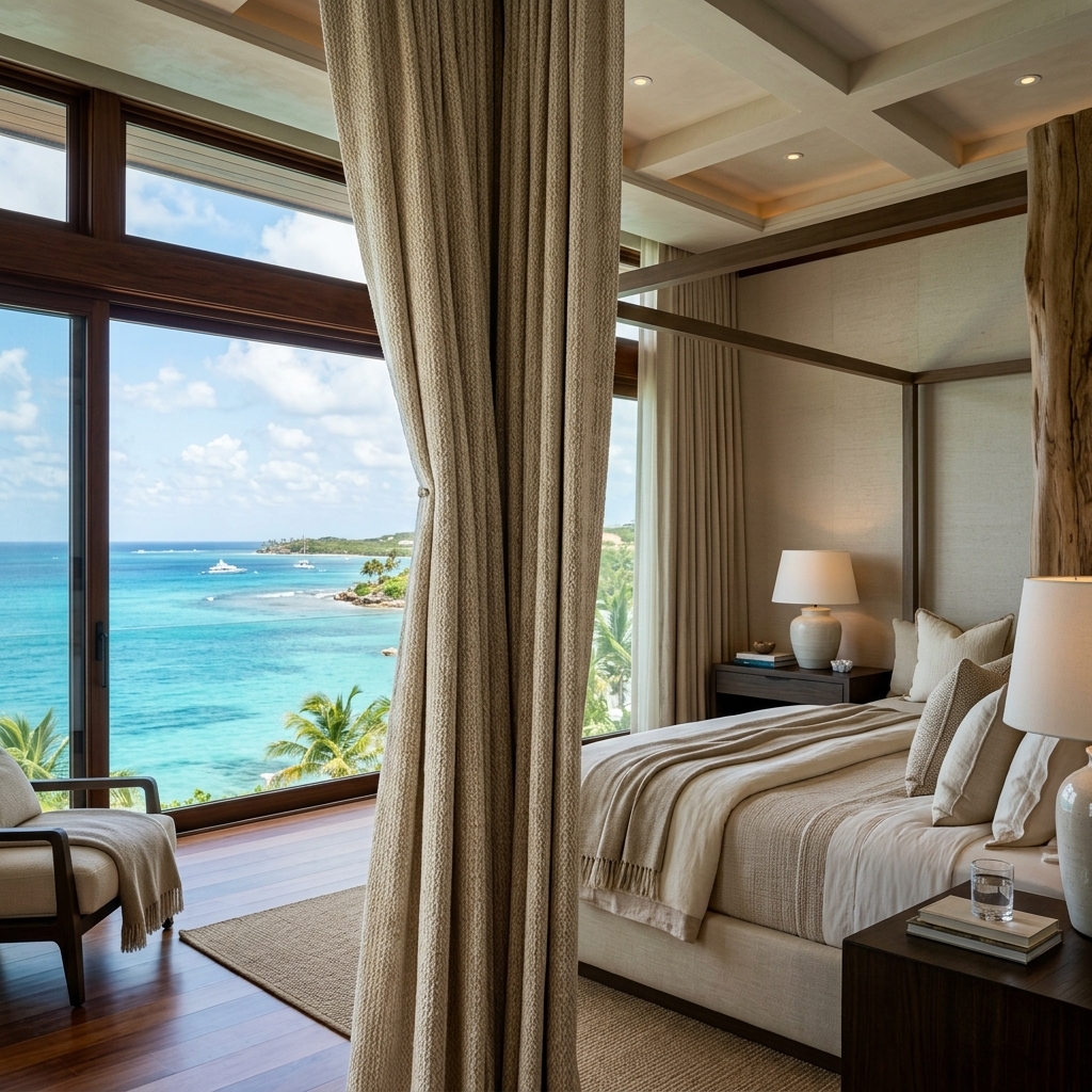 Cortinas blackout térmicas instaladas en villa de lujo en Cap Cana con vista al mar Caribe