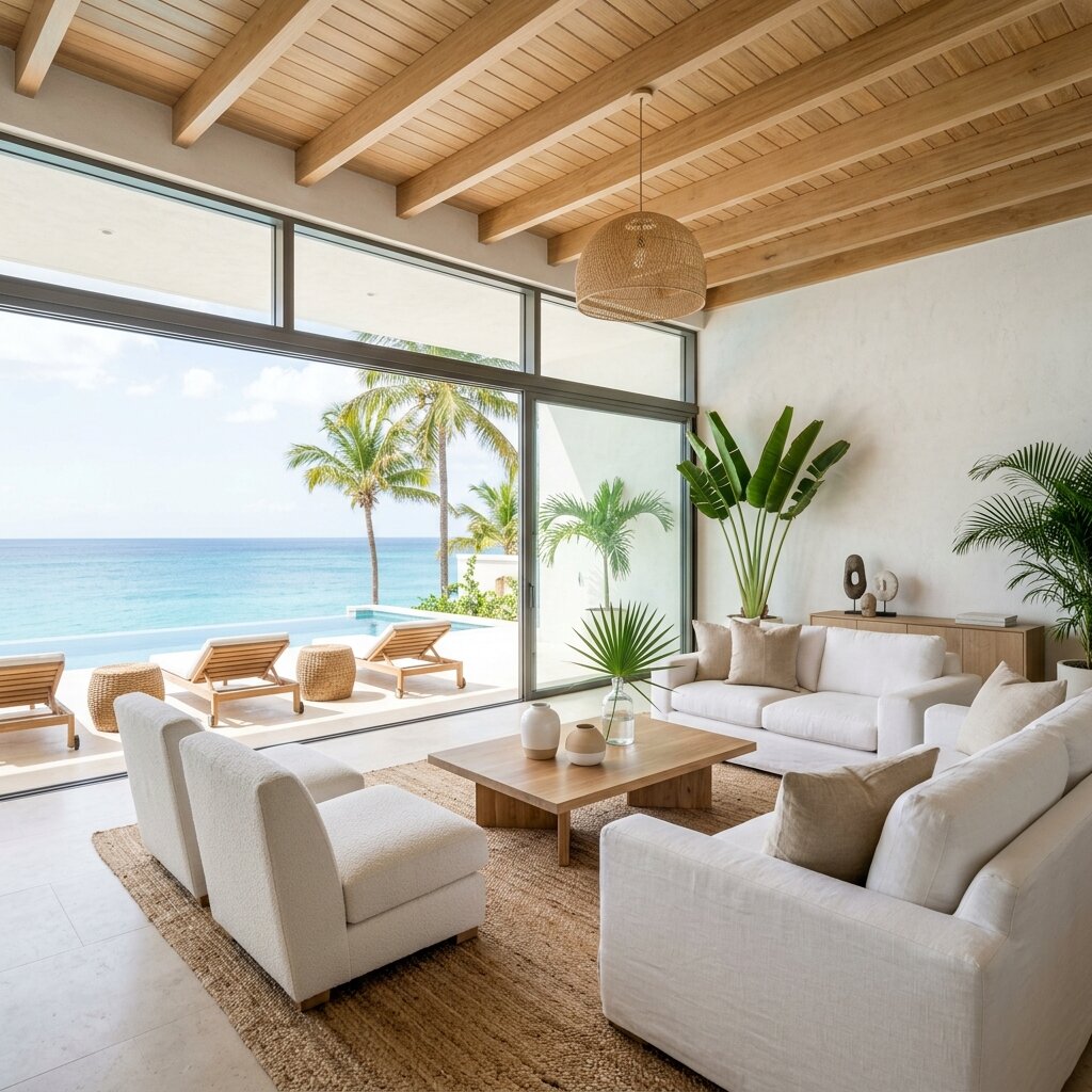 Sala de estar con tapicería de lujo estilo caribeño en Punta Cana