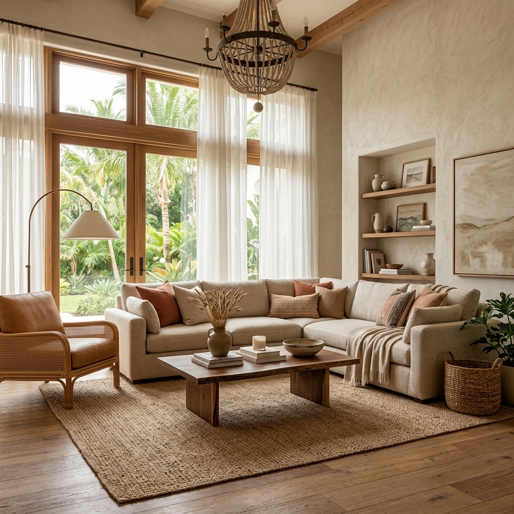 Sala de estar en Punta Cana con paleta de colores terrosos, cortinas a medida y sofá tapizado por Casa Velura