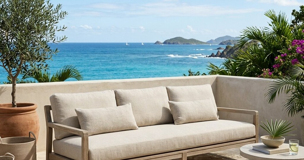 Custom sofa in the middle of its artisanal crafting process at the Casa Velura upholstery workshop in Veron, Punta Cana