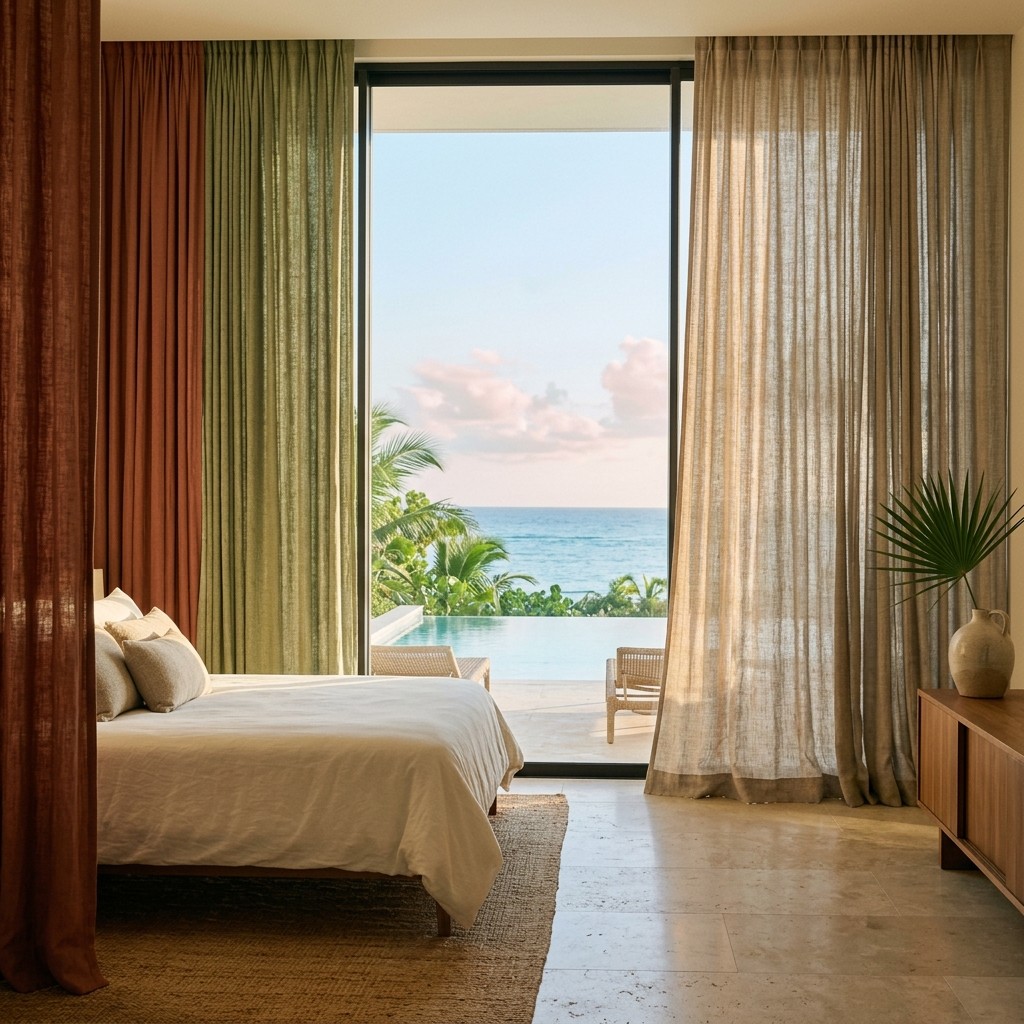 Comparativa de estilos de cortinas: sheer, lino y blackout en un salón costero de Punta Cana
