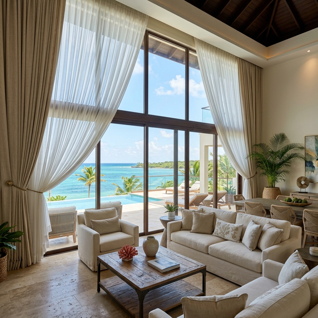 Combinación de visillo translúcido y cortina blackout en una villa de lujo en Cap Cana, creando el equilibrio perfecto entre luz y privacidad