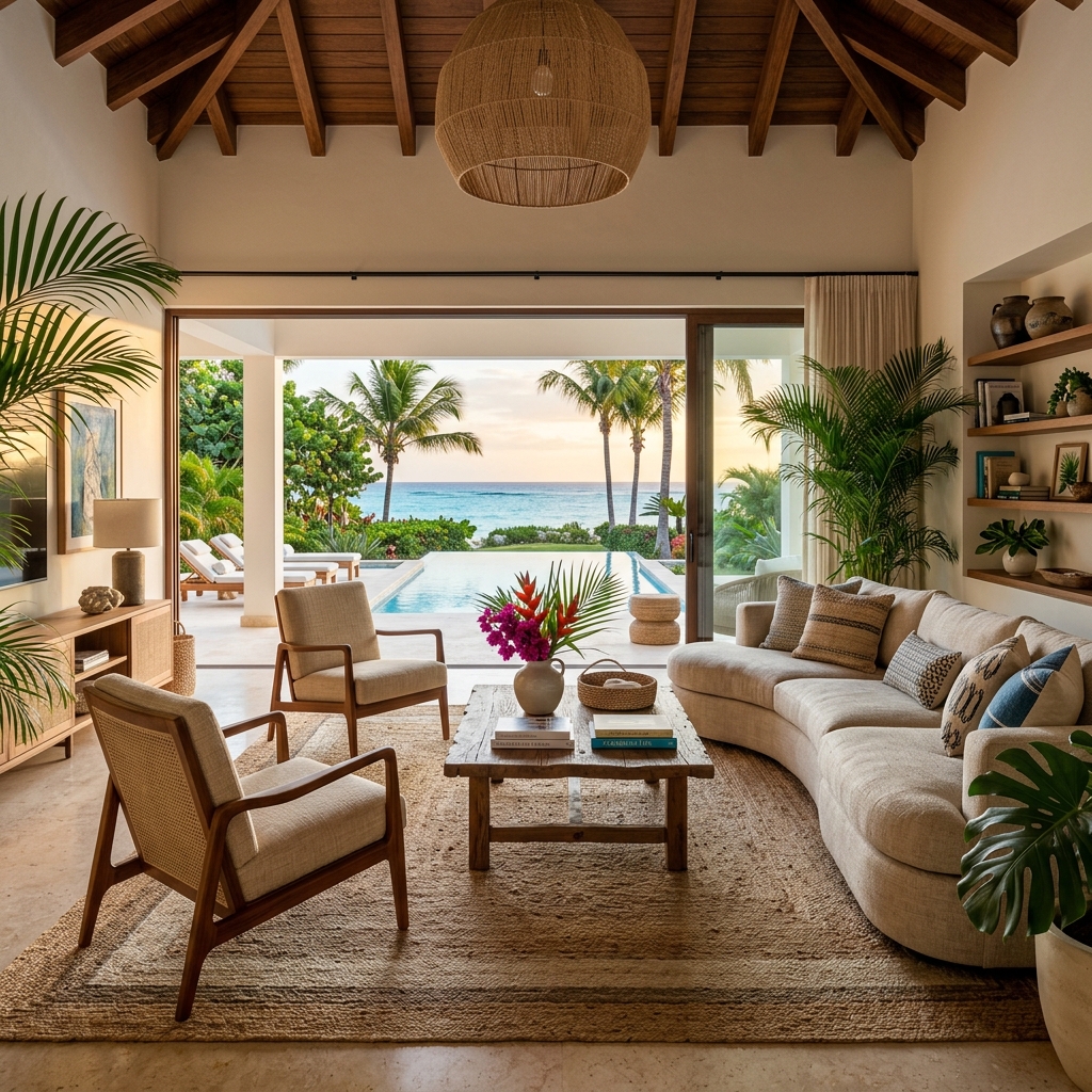 Sala de estar con paleta de colores terrosos 2026: terracota, beige y verde oliva en tapizados y cortinas